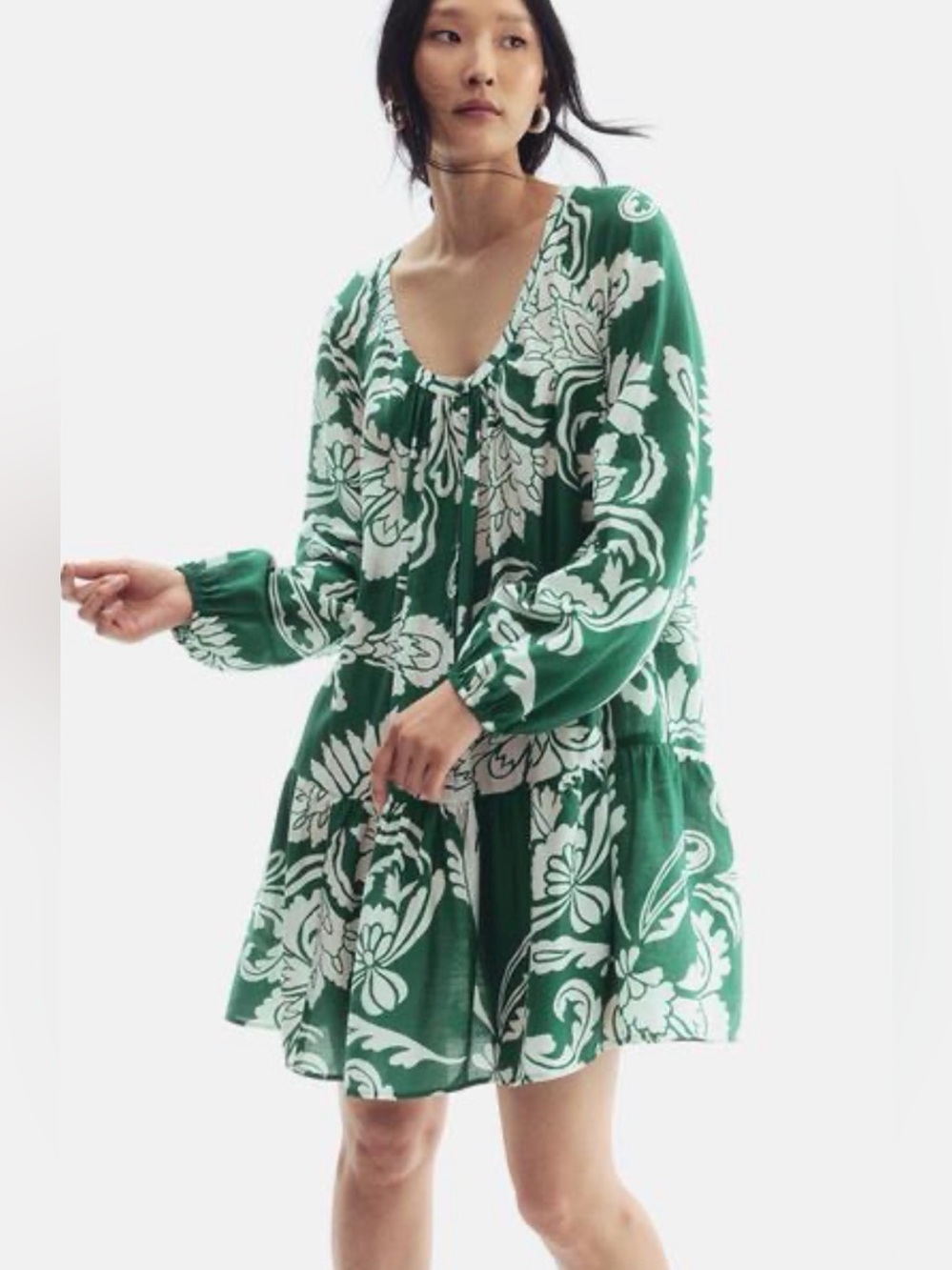 H&M Green Floral Long Sleeve Tiered Mini Dress